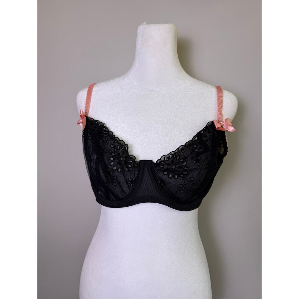Gilligan & O’Malley Black Lace Underwire Bra Pink Bow 36D Sheer Feminine